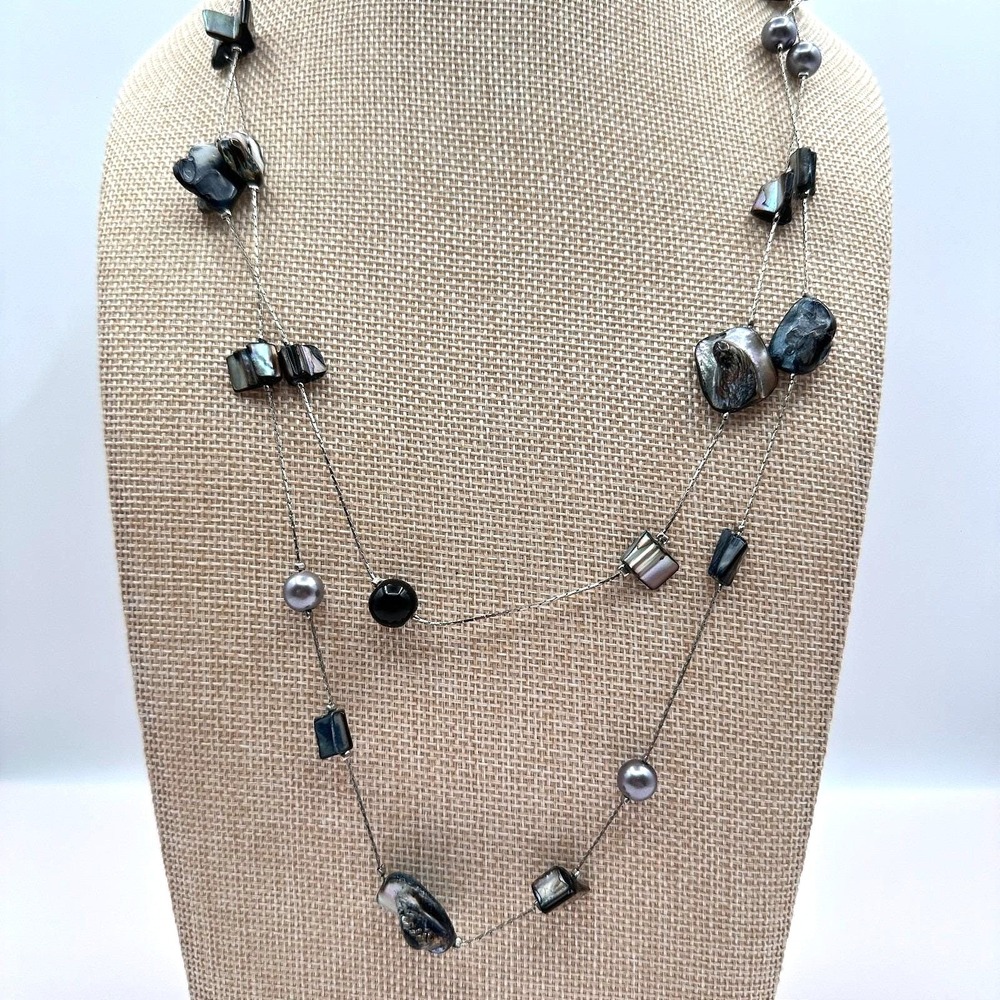 Vintage 90s Silver Tone Double Strand‎ Iridescent Shell Necklace Women's Jewelry